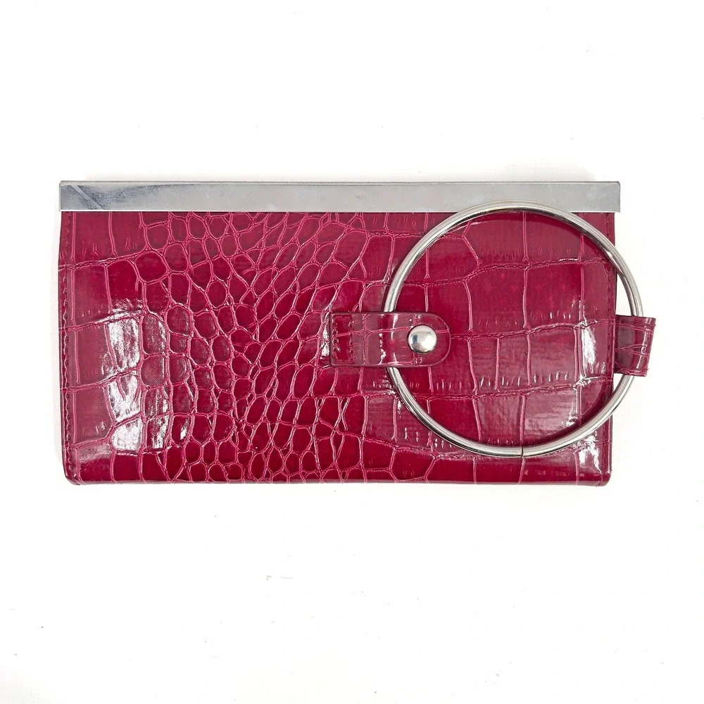 Vintage  Red Ring Handle Wristlet Bag Faux Croc Patent Mod Clutch Organizer